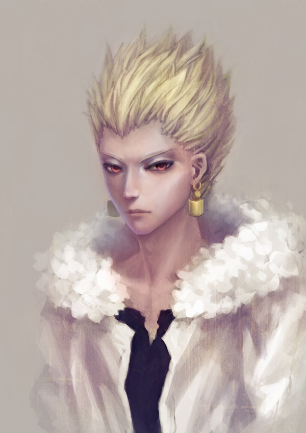 aqin2 bad_id blonde_hair casual earrings fate/stay_night fate_(series) fur_coat gilgamesh hair_up jewelry male qin realistic red_eyes simple_background solo