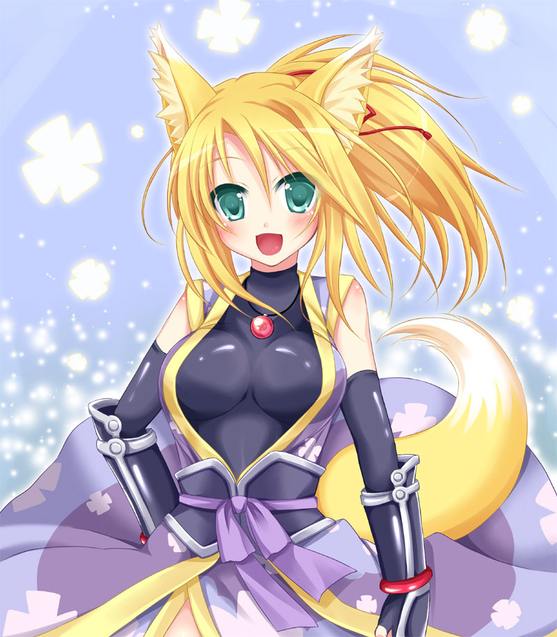 blonde_hair breasts dog_days fox_ears fox_tail green_eyes japanese_clothes open_mouth smile solo tail tougo yukikaze_panettone