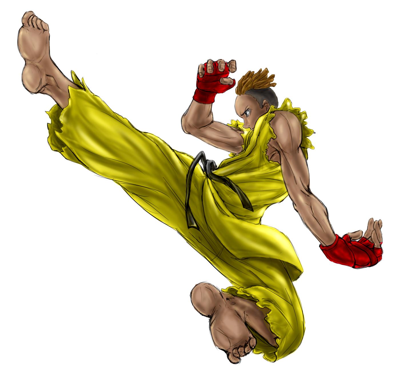 brown_hair capcom dark_skin dougi dreadlocks fingerless_gloves flying_kick freeride-art gloves hairlocs highres kicking muscle sakoda_takashi sean_matsuda solo street_fighter street_fighter_iii