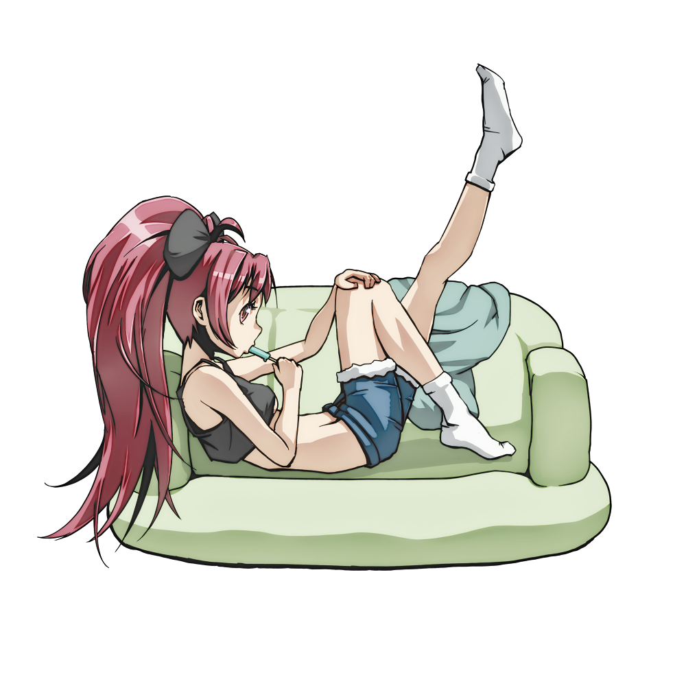 breasts cometch couch lying mahou_shoujo_madoka_magica midriff ponytail popsicle profile red_eyes red_hair redhead sakura_kyouko short_shorts shorts socks solo under_boob underboob white_legwear