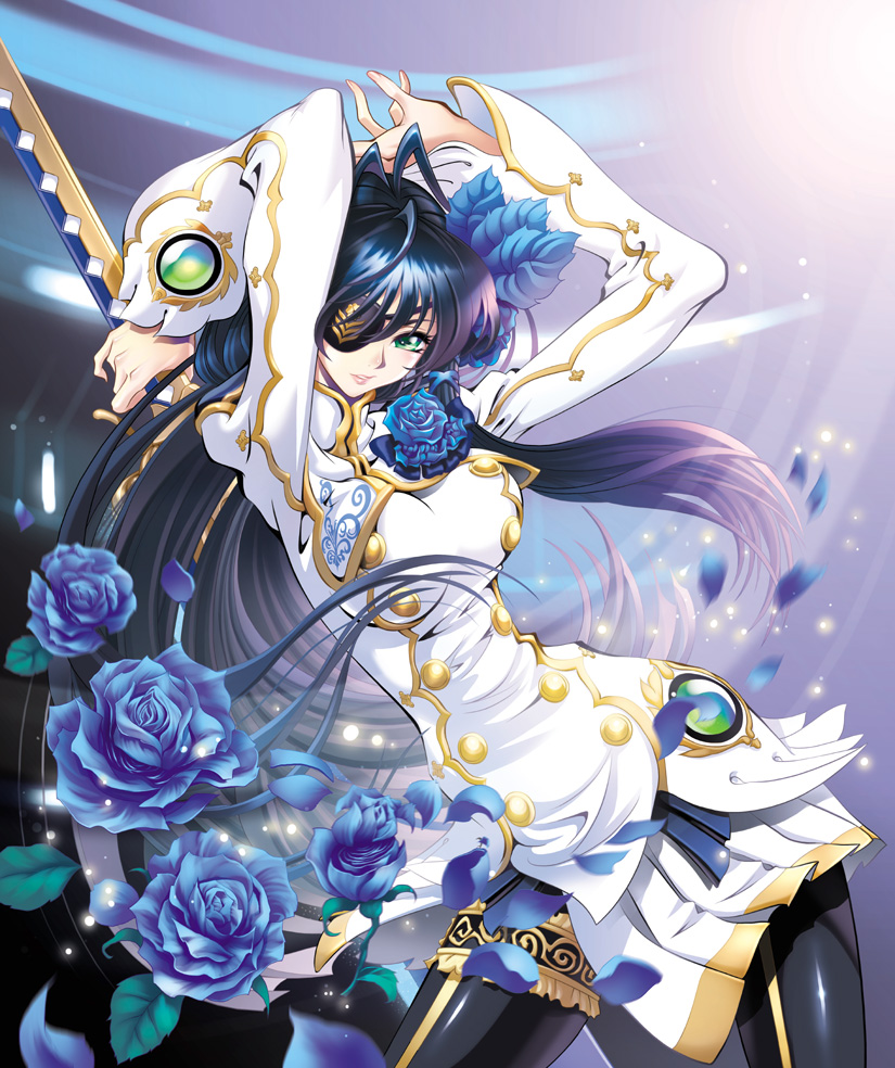 antenna_hair arms_up black_hair blue_rose blush breasts eyepatch flower green_eyes hair_flower hair_ornament hips light_particles long_hair maeda_hiroyuki nagisa_(psp2i) pantyhose phantasy_star phantasy_star_portable_2_infinity rose solo sword uniform weapon