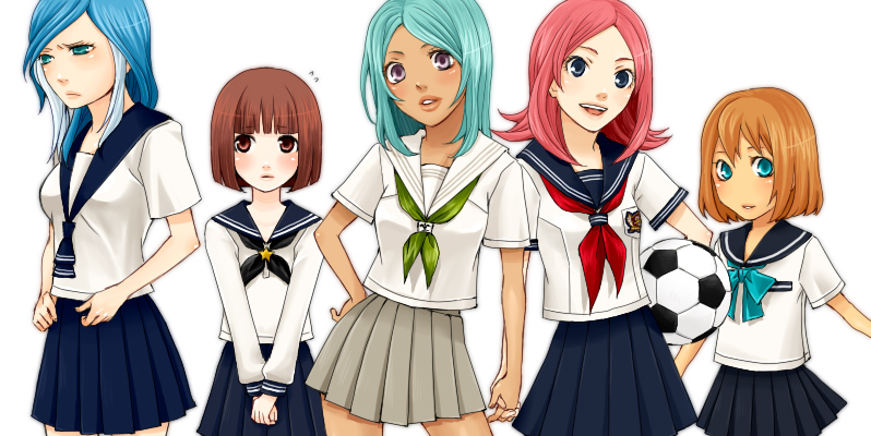 5girls araya_konko ball blue_eyes blue_hair blush_stickers brown_eyes brown_hair character_request inazuma_eleven inazuma_eleven_(series) multiple_girls no_nose red_hair redhead school_uniform short_hair soccer_ball tan urabe_rika yagami_reina zaizen_touko