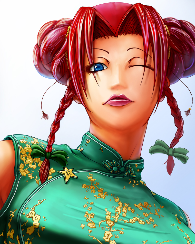 blue_eyes braid breasts chinese_clothes double_bun hong_meiling lipstick makeup red_lipstick star touhou twin_braids wink