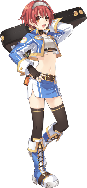 belt boots brown_eyes brown_hair buckle choker choujigen_game_neptune choujigen_game_neptune_mk2 falcom_(choujigen_game_neptune) falcom_chan fingerless_gloves gloves hairband hand_on_hip instrument_case navel open_mouth orange_eyes personification red_hair short_hair smile solo thighhighs transparent_background tsunako