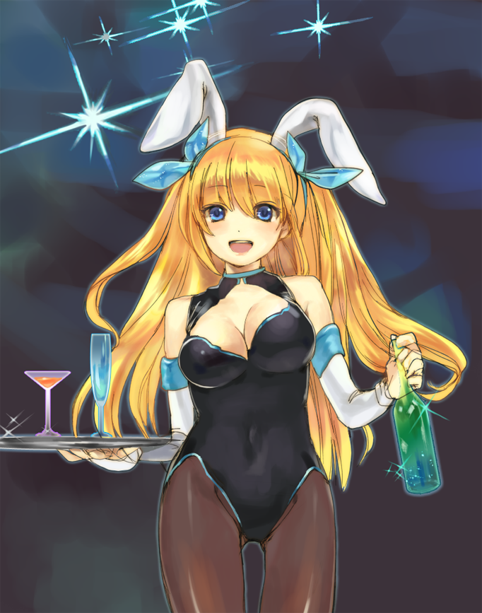 aizawa_hikaru alcohol animal_ears black_legwear blonde_hair blue_eyes blush breasts bunny_ears bunnysuit cleavage cleavage_cutout detached_sleeves hairband large_breasts legge long_hair looking_at_viewer martini microsoft open_mouth pantyhose silverlight smile solo thigh_gap thighs tray waitress