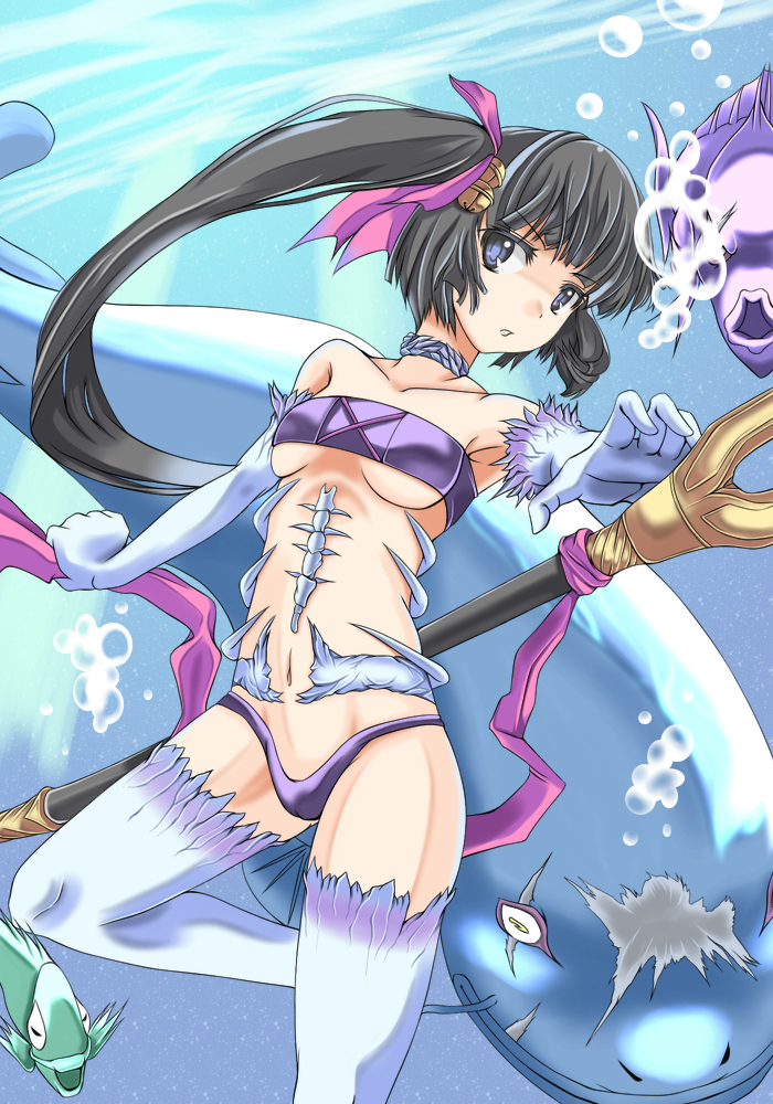 armpits bare_shoulders bell black_hair blue_eyes breasts choker collarbone fish gloves midriff navel open_mouth original side_ponytail solo staff submerged t_shatsu tubetop under_boob underboob underwater white_legwear