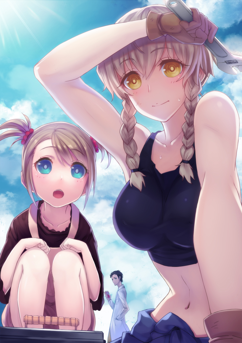 :o amane_suzuha bare_shoulders blue_eyes braid breasts brown_eyes brown_hair child clouds crop_top erect_nipples gloves impossible_clothes impossible_clothing impossible_shirt large_breasts long_hair looking_at_viewer midriff multiple_girls navel okabe_rintarou open_mouth shirt short_hair short_twintails sky smile squatting stare steelleets steins;gate tank_top taut_shirt tennouji_nae twin_braids twintails wrench yellow_eyes