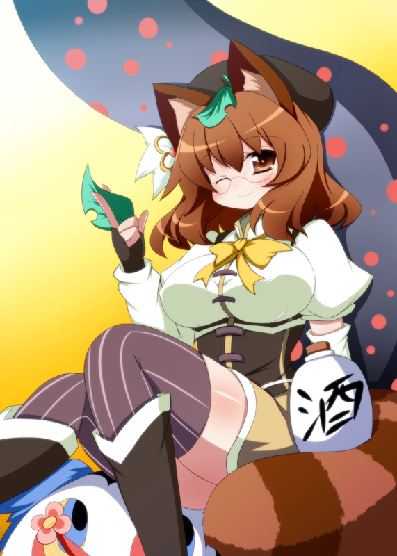 animal_ears beret blush boots bottle breasts brown_eyes brown_hair charlotte_(madoka_magica) cosplay crossover fingerless_gloves futatsuiwa_mamizou glasses gloves hat large_breasts leaf leaf_on_head legs mahou_shoujo_madoka_magica namesake oborotsuki_kakeru parody pun raccoon_ears raccoon_tail short_hair skirt smile solo tail thigh-highs thighhighs thighs tomoe_mami tomoe_mami_(cosplay) touhou vertical-striped_legwear vertical_stripes wink zettai_ryouiki