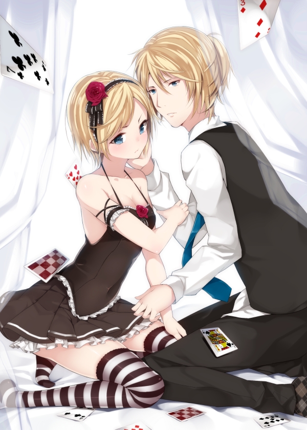 age_difference argyle bad_id bare_shoulders black_dress blonde_hair blue_eyes blush breasts card cards cleavage dress falling_card frills hair_ornament hairband kagamine_len kagamine_rin kazyar lying_card necktie no_shoes short_hair siblings striped striped_legwear thigh-highs thighhighs twins vocaloid