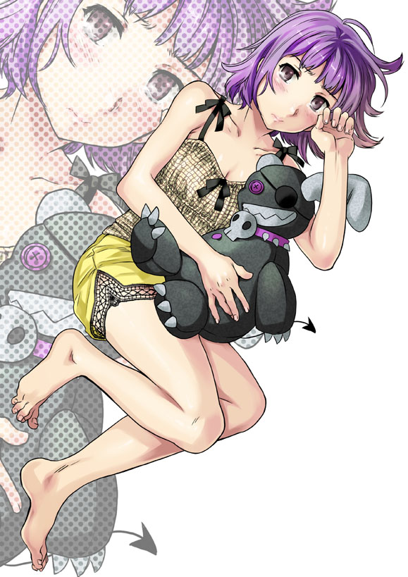 bangs bare_legs bare_shoulders barefoot blush brown_eyes camisole character_request collarbone cuvie eyepatch face feet hands legs nightmare_maker purple_hair rubbing_eyes short_hair solo stuffed_toy toes toy zoom_layer