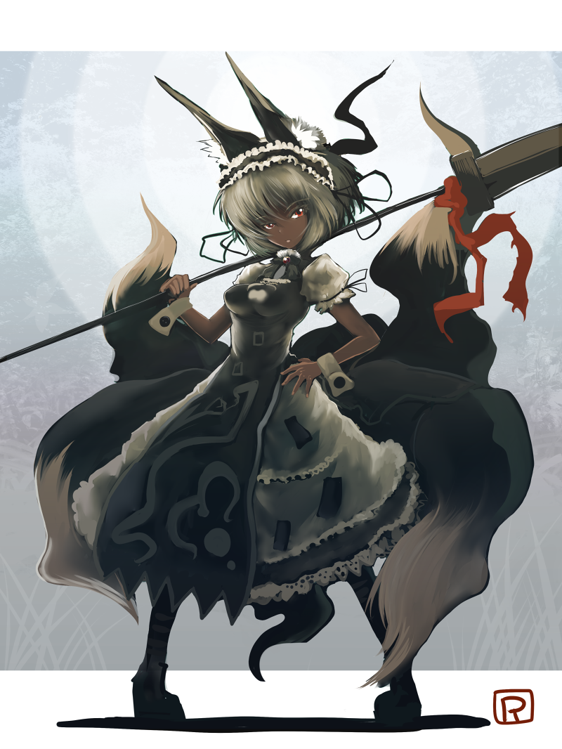 alternate_color animal_ears beast_spear black_dress dress fox_ears fox_tail hairband maid_headdress multicolored_dress multiple_tails over_shoulder polearm red_eyes ryuno short_hair silver_hair solo spear tail touhou ushio_to_tora weapon weapon_over_shoulder white_dress wrist_cuffs yakumo_ran