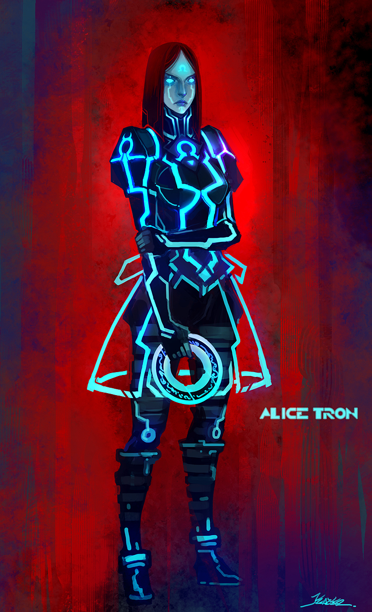 alice alice_(wonderland) alice_in_wonderland american_mcgee's_alice american_mcgee's_alice boots chakram crossover disc disc_(tron) disney dress highres kazeco lips long_hair neon_trim omega omega_symbol parody science_fiction tron tron:_legacy weapon