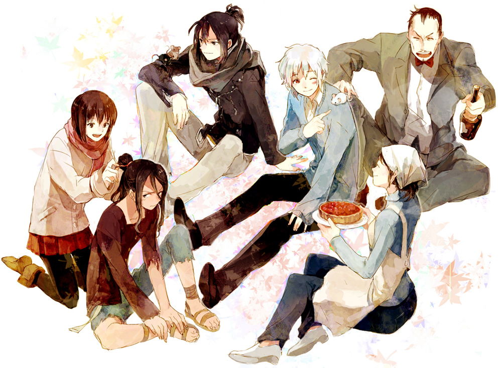 age_difference bad_id boots brown_eyes brown_hair closed_eyes dark_skin everyone eyes_closed formal inukashi jacket karan_(no.6) long_hair mother_and_son mouse necktie nezumi_(no.6) no.6 open_mouth pantyhose pie red_eyes rikiga safu sandals scarf shion_(no.6) short_hair sion_(no.6) sitting skirt smile suit white_hair yubari