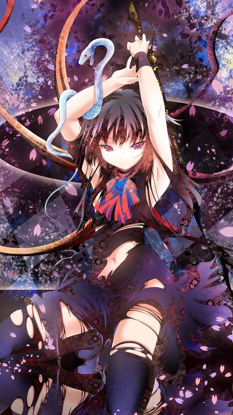 armpits arms_up asymmetrical_wings black_hair black_legwear dress houjuu_nue navel red_eyes snake solo torn_clothes torn_thighhighs touhou wings