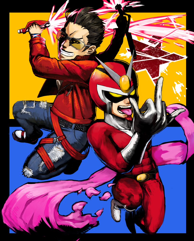 black_hair boots crossover dual_wielding elbow_gloves energy_sword facial_hair gloves goatee helmet jacket jeans lightsaber male multiple_boys no_more_heroes red_hair red_jacket redhead scarf sunglasses superhero sword tochigai tongue travis_touchdown viewtiful_joe viewtiful_joe_(character) weapon white_gloves