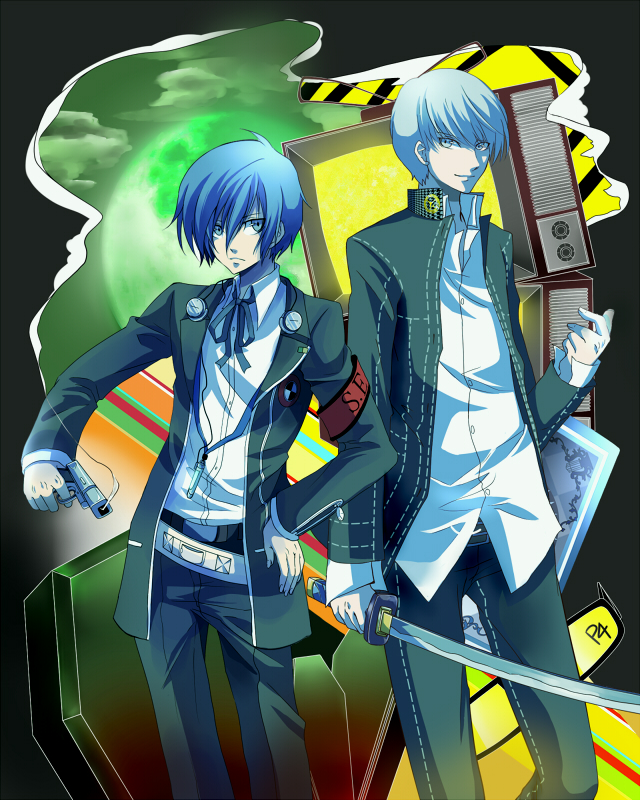 arisato_minato blue_eyes blue_hair bow digital_media_player evoker full_moon grey_eyes grey_hair gun hair_over_one_eye headphones kazanami male moon multiple_boys narukami_yuu persona persona_3 persona_4 ribbon school_uniform seta_souji short_hair sword t.v television weapon