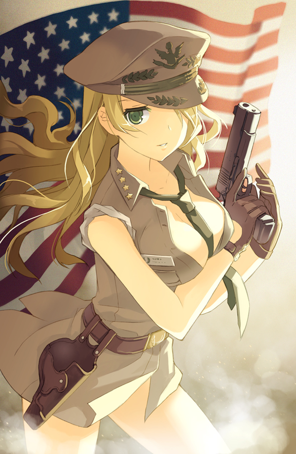 american_flag between_breasts blonde_hair breasts card_(medium) character_request cleavage colt_m1911 douglas_macarthur error frame gloves green_eyes gun h2so4 hair_over_one_eye handgun hat holster k-books_original_gunjin_shougi_card kimberley_morgan large_breasts long_hair m1911 military military_uniform necktie no_pants open_clothes open_shirt peaked_cap pistol shougi sleeves_rolled_up solo trigger_discipline uniform weapon world_war_ii