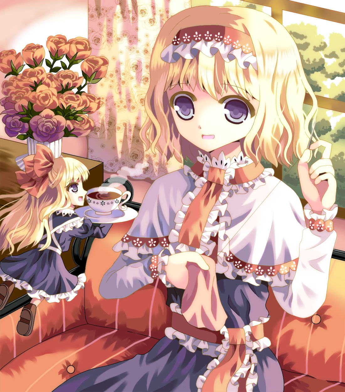 alice_margatroid blonde_hair blue_dress bow capelet couch cup dress flower flying hair_bow hairband hazakura_satsuki highres needle open_mouth purple_eyes red_rose rose sash saucer sewing shanghai shanghai_doll sitting solo table teacup thread touhou vase violet_eyes window
