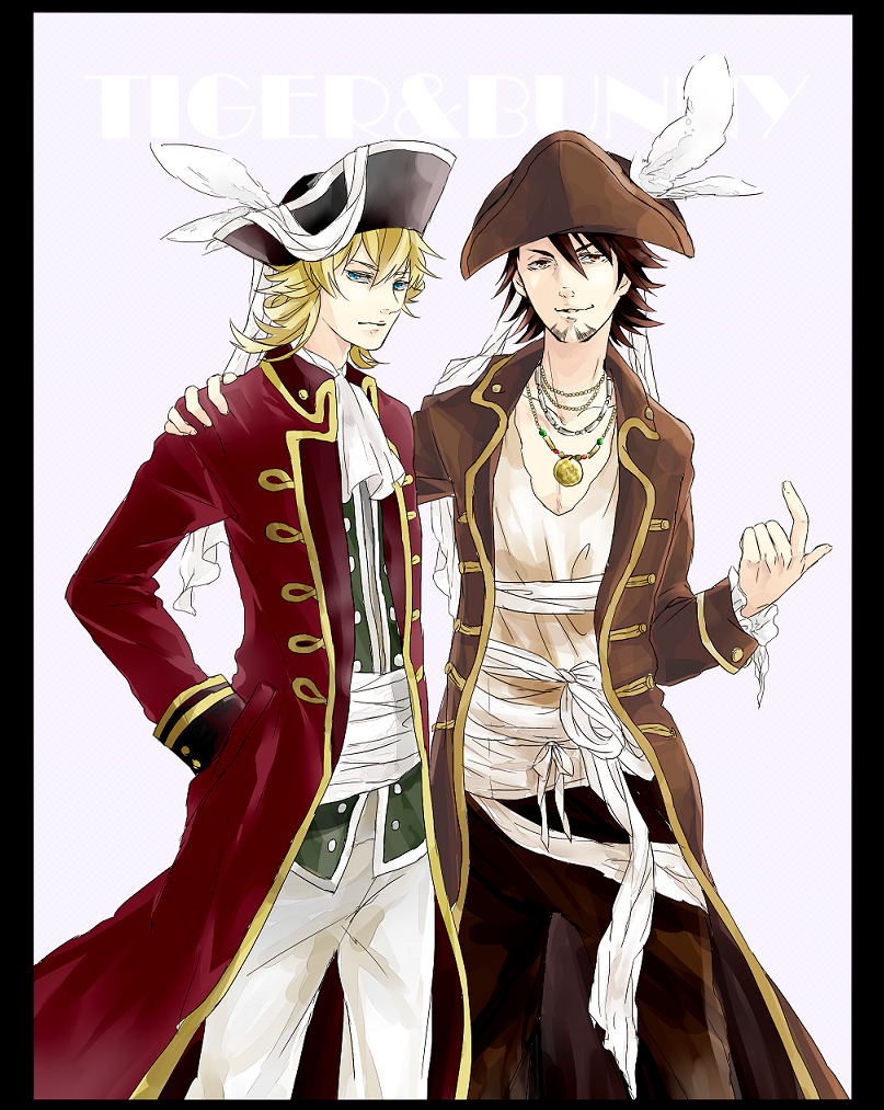 aqua_eyes ascot bad_id barnaby_brooks_jr blonde blonde_hair blue_eyes brown_eyes brown_hair coat cosplay facial_hair feathers hand_in_pocket hand_on_shoulder hat hirata_hiroaki jack_sparrow jack_sparrow_(cosplay) jewelry kaburagi_t_kotetsu male multiple_boys necklace pirate pirates_of_the_caribbean red_coat seiyuu_connection stubble tiger_&amp;_bunny toggles tricorne unakura