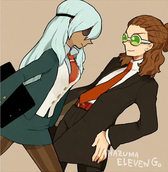 1girl bad_id brown_hair dark_skin dreadlocks eyepatch formal genderswap goggles hairlocs inazuma_eleven inazuma_eleven_(series) inazuma_eleven_go kidou_yuuto l_hakase long_hair necktie pantyhose sakuma_jirou skirt suit white_hair