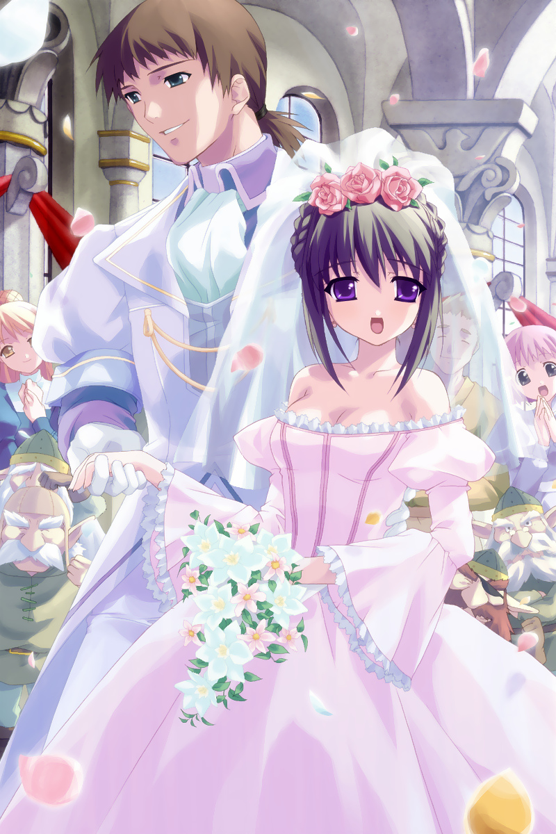 artist_request bare_shoulders bouquet breasts bride brown_hair character_request church cleavage dress dwarf dwarf_(grimm) flower game_cg gloves hand_holding highres holding_hands kagami_no_naka_no_orgel nini_(delta) open_mouth petals pointy_ears purple_eyes smile snow_white_(grimm) snow_white_and_the_seven_dwarfs violet_eyes wedding wedding_dress