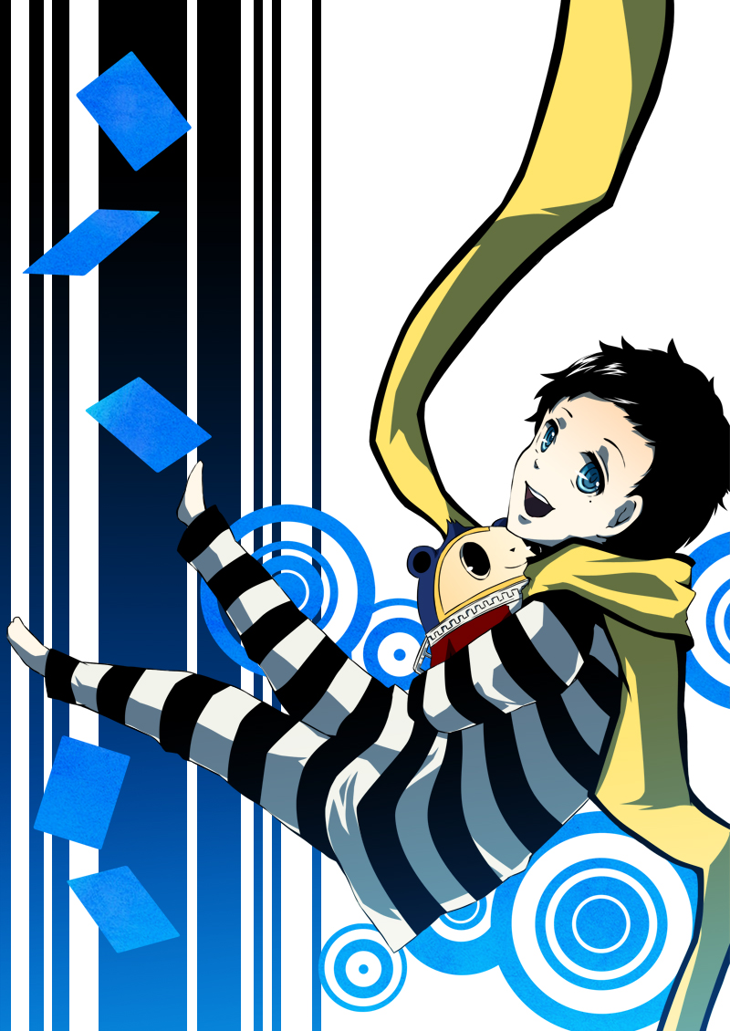 black_hair blue_eyes card cards child kuma_(persona_4) male mochizuki_ryouji open_mouth persona persona_3 persona_4 pharos scarf short_hair shuu_moto smile