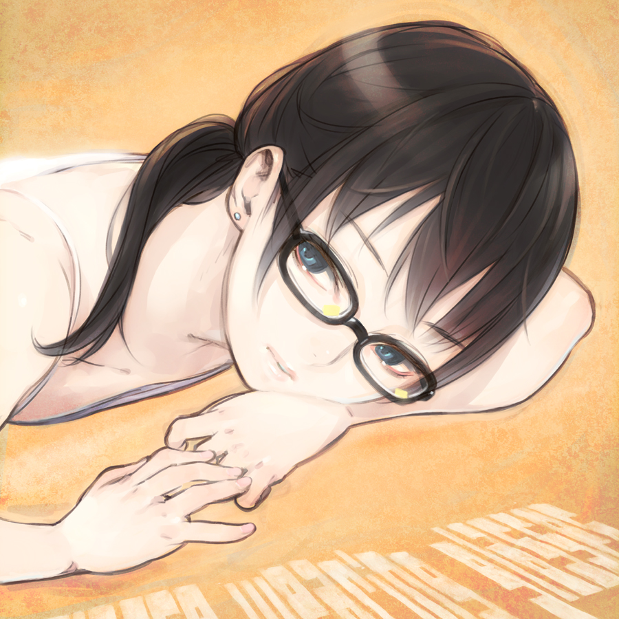 blue_eyes camisole close-up copyright_request face glasses hands looking_at_viewer on_stomach shiohara_shin'ichi shiohara_shinichi solo