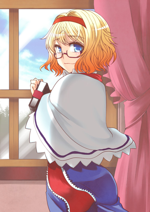 :3 alice_margatroid bespectacled blonde_hair book capelet curtains face from_behind glasses gradient_hair hairband hane_(hanegoya) looking_at_viewer looking_back multicolored_hair short_hair smile solo toobane touhou window