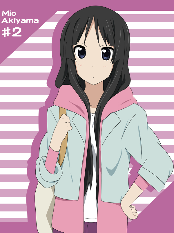 akiyama_mio bag black_eyes black_hair casual character_name hand_on_hip hips ikari_manatsu k-on! long_hair looking_at_viewer solo striped striped_background