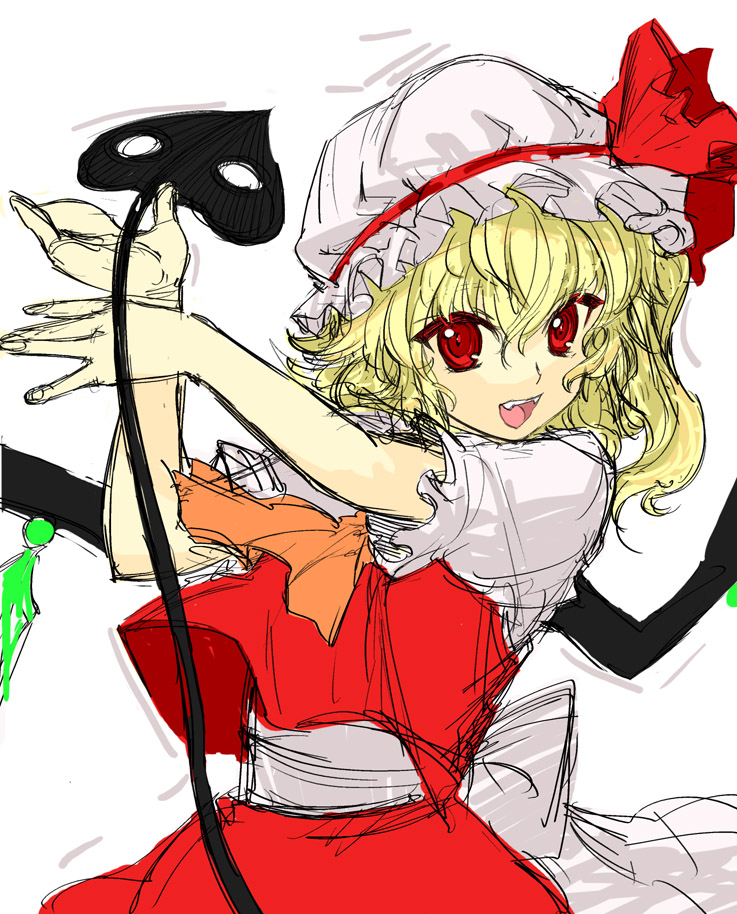 ascot blonde_hair colored_eyelashes fangs flandre_scarlet hands hat kimuchi laevatein looking_at_viewer open_mouth red_eyes simple_background sketch smile solo the_embodiment_of_scarlet_devil touhou wings