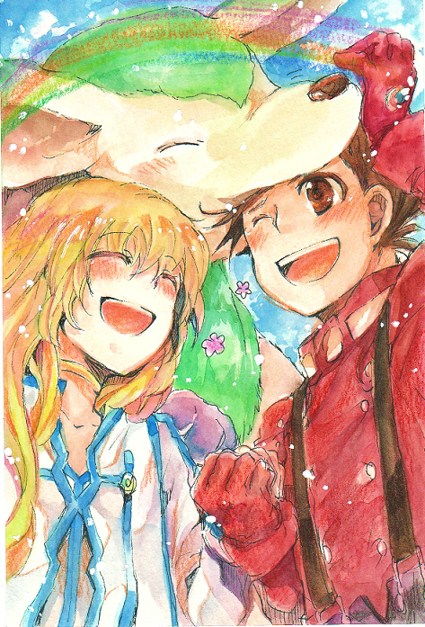 blonde_hair brown_eyes brown_hair chewing closed_eyes colette_brunel colored_pencil_(medium) eyes_closed gloves haru_mikoto lloyd_irving long_hair millipen_(medium) noishe open_mouth smile tales_of_(series) tales_of_symphonia traditional_media watercolor_(medium) wince