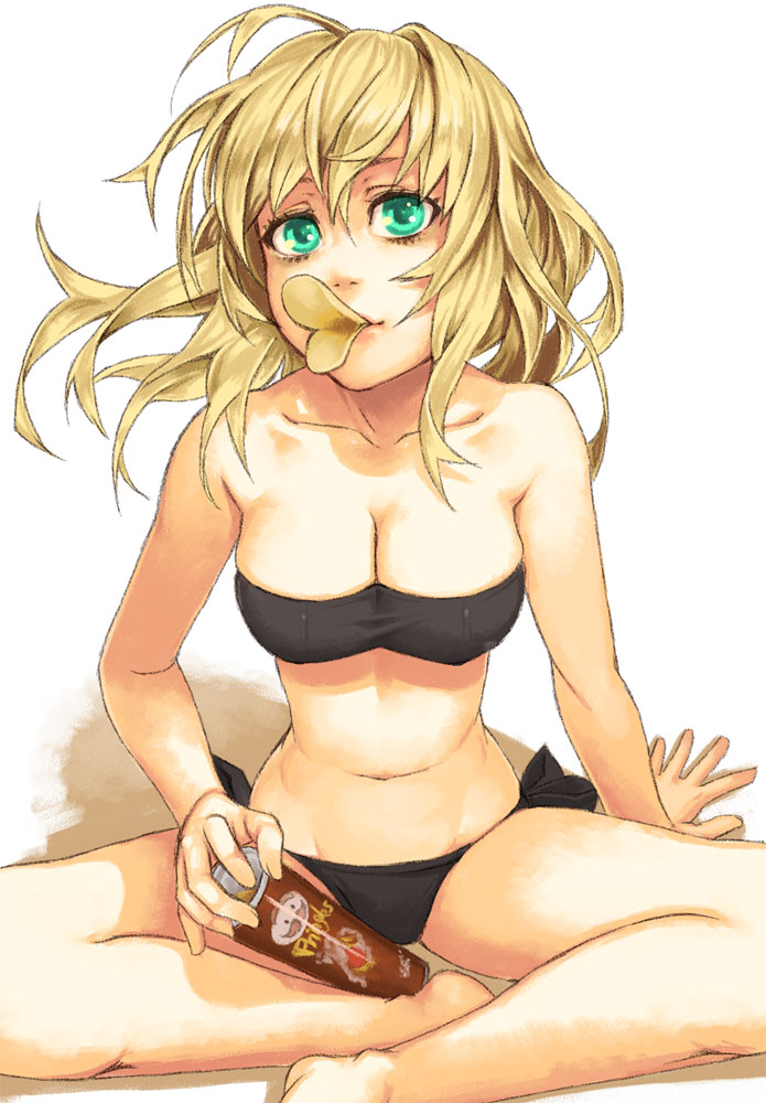 and aqua_eyes arm_support bad_id bandeau barefoot bikini black_bikini blonde_hair breasts cleavage crossed_legs duck_face face food indian_style legs_crossed long_hair mouth_hold mustard_seeds navel original potato_chips pringleduck pringles product_placement side-tie_bikini sitting solo swimsuit