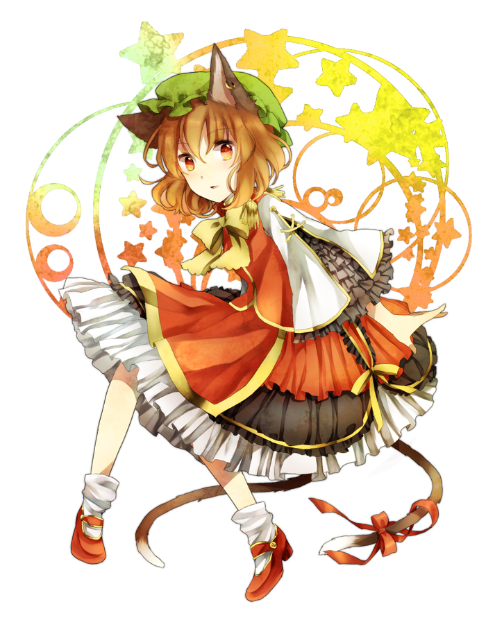 adapted_costume animal_ears brown_eyes brown_hair cat_ears cat_tail chen earrings frills hat jewelry mary_janes multiple_tails ribbon sachikan shoes socks solo tail tail_ribbon touhou white_legwear