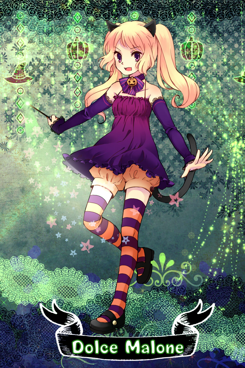 blonde_hair bloomers bow cat_ears cat_tail character_request collar copyright_request halloween hat highres jack-o'-lantern jack-o'-lantern mary_janes open_mouth pumpkin purple_eyes shoes solo source_request striped striped_legwear striped_thighhighs tail tenteko_(darasido) thigh-highs thighhighs violet_eyes wand witch_hat