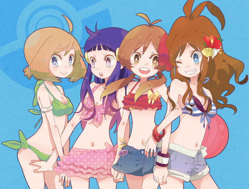 antenna_hair armband ball beachball bikini blue_eyes blue_hair bracelet breasts brown_eyes brown_hair cleavage denim denim_shorts denim_skirt flower frilled_bikini frills front-tie_top grey_eyes grin hair_flower hair_ornament hairclip haruka_(pokemon) hikari_(pokemon) jewelry kotone_(pokemon) locked_arms navel pokemon pokemon_(game) pokemon_bw pokemon_dppt pokemon_gsc pokemon_hgss pokemon_rse polka_dot polka_dot_bikini polka_dot_swimsuit pomeko shorts side-tie_bikini silver_eyes smile swim_trunks swimsuit touko_(pokemon) wink