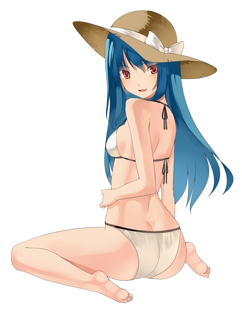 1girl ass bad_proportions barefoot bikini blue_hair bow breasts butt_crack feet from_behind hat hat_bow hinanawi_tenshi kureha_(ironika) long_hair looking_back red_eyes sideboob simple_background sitting smile strap_gap straw_hat swimsuit thighs touhou two-piece_swimsuits wariza white_bikini white_swimsuit