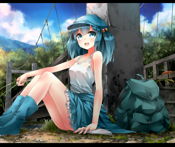 :d backpack bag bare_shoulders blue_eyes blue_hair bon boots breasts bridge cleavage cloud jacket_around_waist kawashiro_nitori looking_at_viewer open_mouth outstretched_arm randoseru rubber_boots sitting skirt sky smile solo tank_top touhou tree twintails