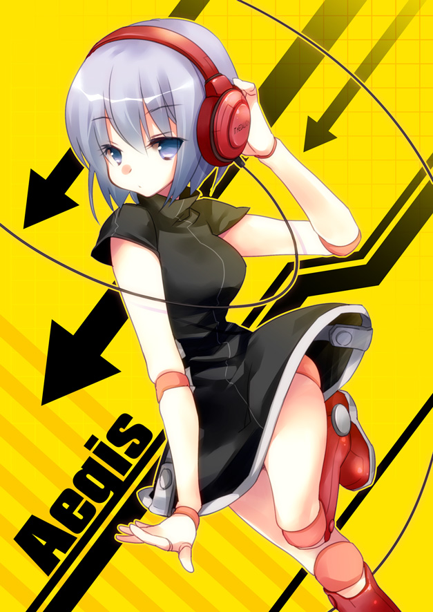 aegis arrow beatmania black_dress blue_eyes blue_hair doll_joints dress ech headphones short_hair solo