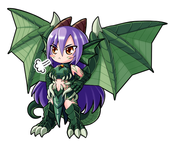 bare_shoulders blush chibi claws crotch_plate dragon dragon_(monster_girl_encyclopedia) dragon_girl fanart horns long_hair mamono_girl_lover midriff monster_girl monster_girl_encyclopedia nawiria purple_hair scales simple_background tail talons wings