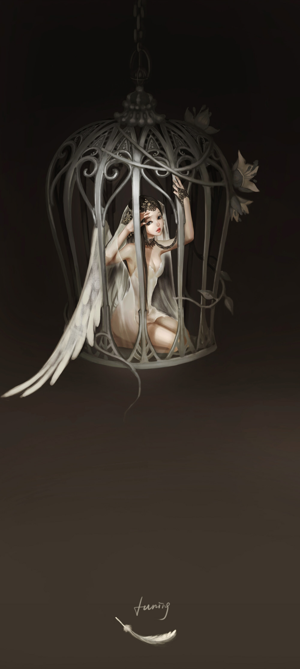 bare_shoulders black_hair bobo1983 brown_eyes cage chain chains collar dress feathers flower hair_ornament highres long_hair looking_at_viewer open_mouth original seiza sitting smile solo white_dress wings