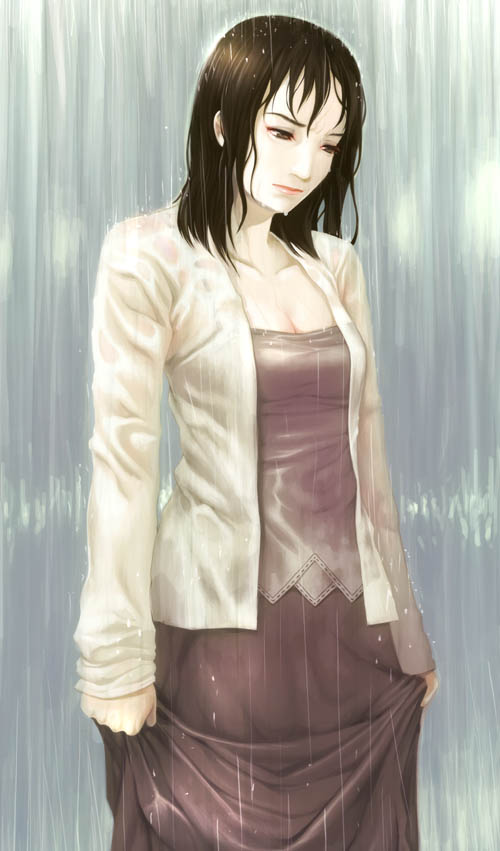 black_hair breasts cleavage collarbone copyright_request dress jacket kimura_daisuke long_sleeves rain solo wet