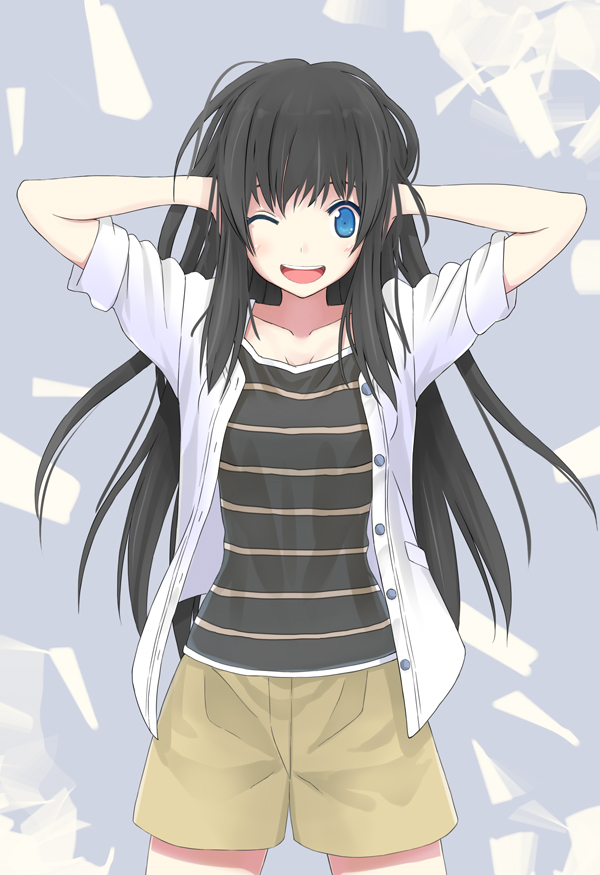 1girl arms_up black_hair blue_eyes blush long_hair looking_at_viewer open_mouth original shorts small_breasts smile solo toshiya very_long_hair