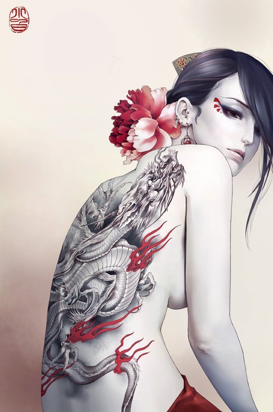 black_hair breasts dragon eastern_dragon face from_behind full_body_tattoo lips original pale_skin realistic sideboob signature solo tattoo topless zhang_xiaobai
