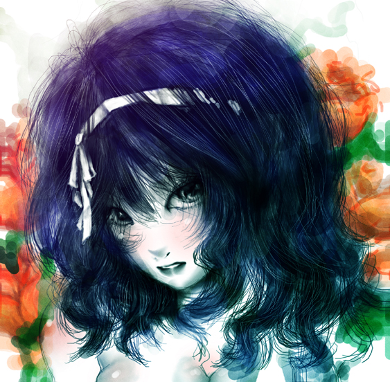 blue_hair faux_traditional_media flower hairband looking_at_viewer portrait seikon_no_qwaser sketch speed_painting yamanobe_tomo
