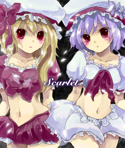 bad_id bow flandre_scarlet flower hat hat_bow hat_flower lowres midriff navel red_eyes remilia_scarlet short_hair short_sleeves siblings sisters skirt soleil88 touhou