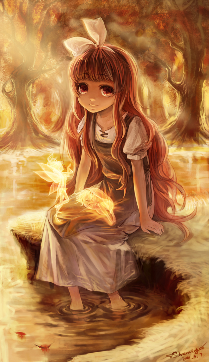 apron copyright_request dated dress fairy feet_in_water hairband long_hair red_eyes red_hair redhead ribbon signature silverwing sitting sleeping smile soaking_feet solo sunset tree water