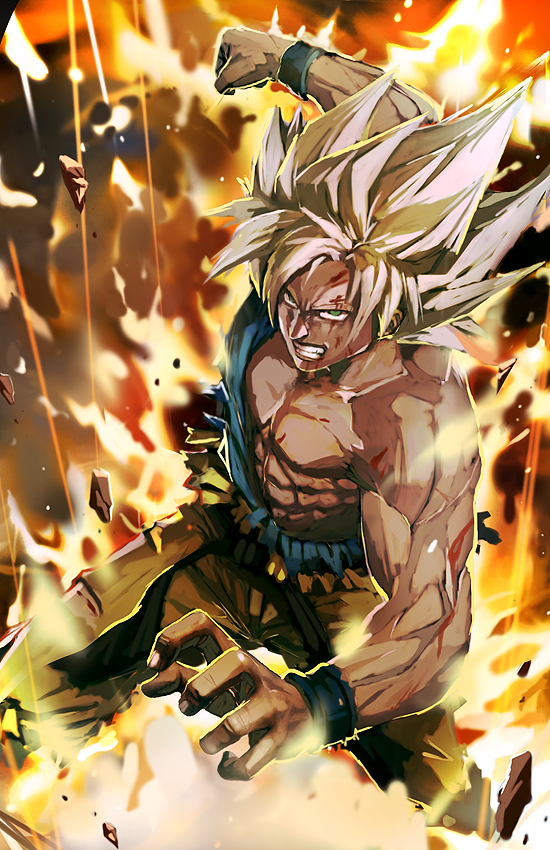 angry blonde_hair blood clenched_hand clenched_teeth debris dragon_ball dragon_ball_z dragonball_z epic explosion fist green_eyes longai male manly muscle son_gokuu spiked_hair spiky_hair super_saiyan teeth torn_clothes wristband