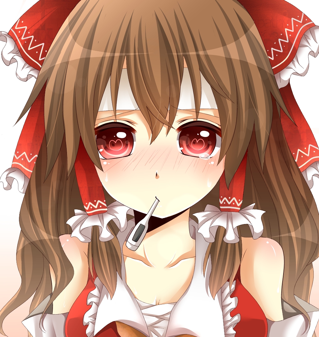 bad_id blush bow brown_hair detached_sleeves face hair_bow hair_tubes hakurei_reimu heart heart-shaped_pupils long_hair red_eyes sarashi solo symbol-shaped_pupils tears thermometer touhou yamasuta