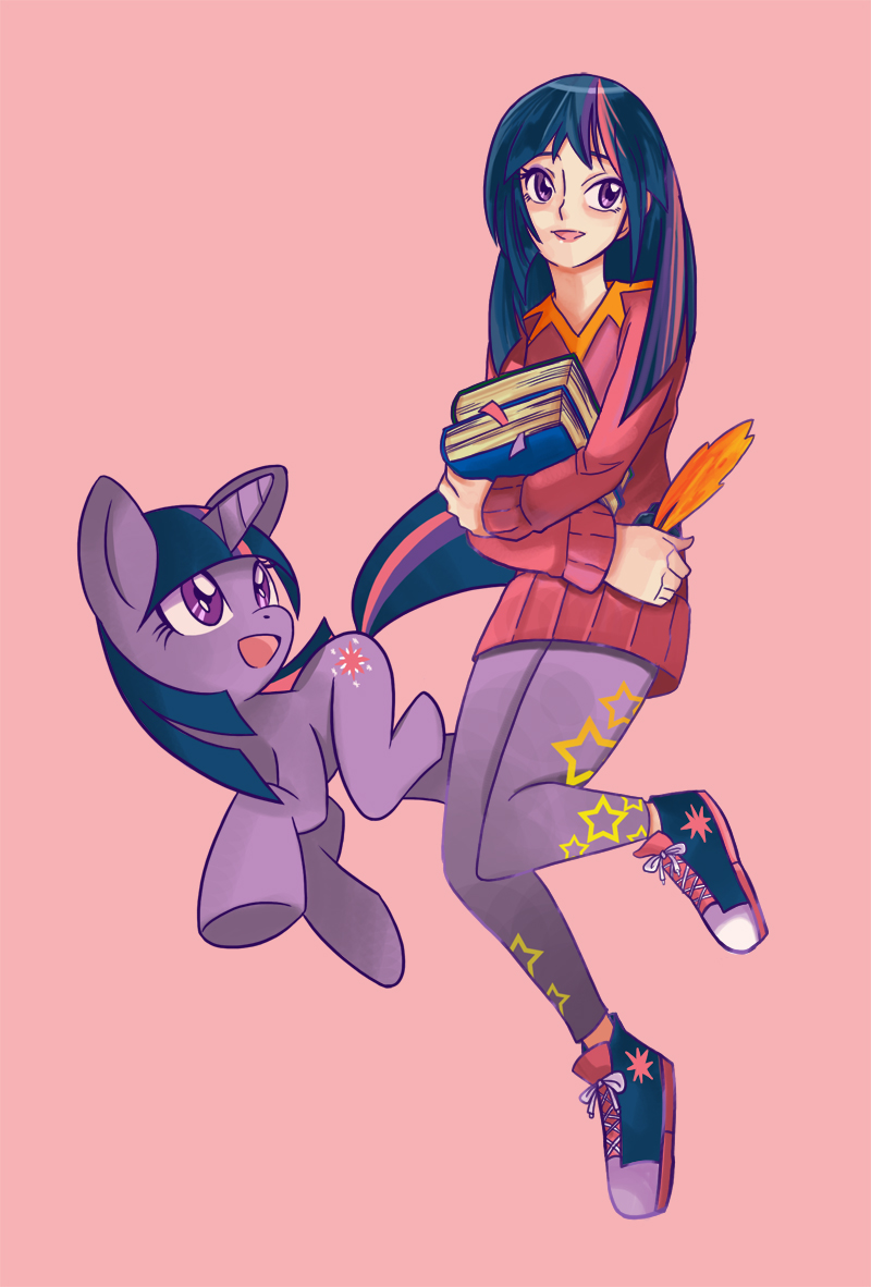 @venturer.com book dual_persona gomigomipomi leggings long_hair multicolored_hair my_little_pony my_little_pony:_friendship_is_magic my_little_pony_friendship_is_magic personification pink_background purple_eyes purple_hair quill shoes sneakers sweater twilight_sparkle violet_eyes