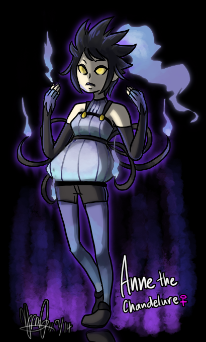 black_hair chandelier chandelure creepy dark dress fire ghost gothic gothic_lolita ky-nim_(artist) personification pokemon pokemon_(game) pokemon_black_and_white purple purple_dress purple_pantyhose short_hair solo yellow_eyes